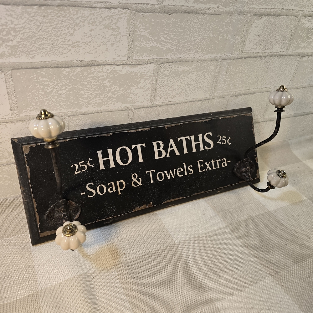 Wood Bathroom Towel Holder 4 Ceramic Hooks Hot Baths 25 Cents Soap Faux Antique - Picture 2 of 7